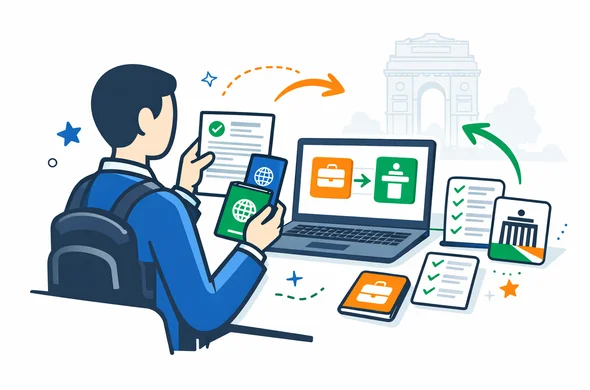 Flat or semi-flat vector illustration, clean lines, modern tech feel, 2D or light isometric business travel scene for India. Abstract faceless traveler holding an invitation letter, passport and phone, with laptop showing business and conference icons, checklist cards and organized document flow. Deep blue and turquoise primary palette with India accent colors saffron orange and India green. Calm, organized, efficient, safe atmosphere. Minimal white and grey background with a faint India Gate silhouette. No text, no logos, no photorealism, no watermark.