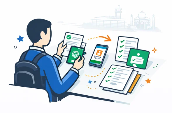 Flat or semi-flat vector illustration, clean lines, modern tech feel, isometric digital entry preparation scene for India. Abstract faceless traveler organizing passport, smartphone, e-arrival card screen, document stack and verification checklist on a clean desk. Deep blue and turquoise primary palette with India accent colors saffron orange and India green. Calm, organized, efficient, safe atmosphere. Minimal white and light grey background with a faint airport terminal and subtle Taj Mahal silhouette. No text, no logos, no photorealism, no watermark.