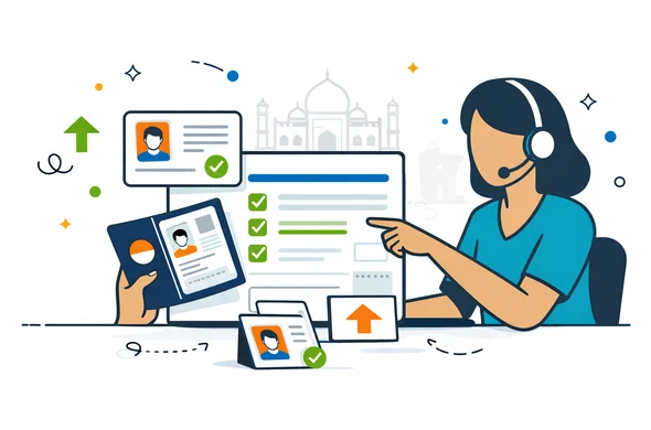 Flat or semi-flat vector illustration, clean lines, modern tech feel, 2D organized document review scene. Abstract faceless support specialist checking passport scan, portrait photo, digital application fields and document upload cards for an India tourist eVisa service. Deep blue and turquoise primary palette with India accent colors saffron, green and subtle gold. Calm, organized, efficient, safe atmosphere. Minimal white and light grey background with a faint Taj Mahal silhouette. No text, no logos, not photorealistic, no watermark.