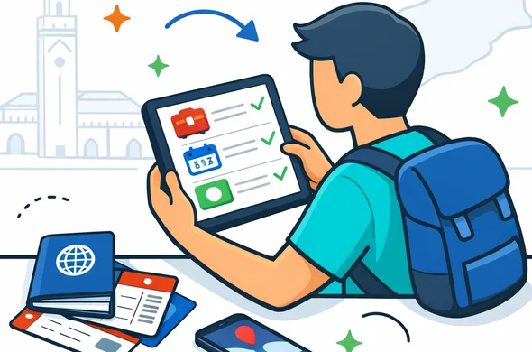 Flat or semi-flat vector illustration, clean lines, modern tech feel, isometric 2D scene of an abstract faceless traveler comparing passport, travel purpose, and trip duration on a tablet before a Morocco trip. Include checklist cards, passport, boarding pass, and phone. Deep blue and turquoise primary palette with Morocco accent colors red and green. Calm, organized, efficient, safe atmosphere. Minimalist white and light grey background with a faint outline of Hassan II Mosque and a subtle Morocco map shape. No text, no logos, not photorealistic.