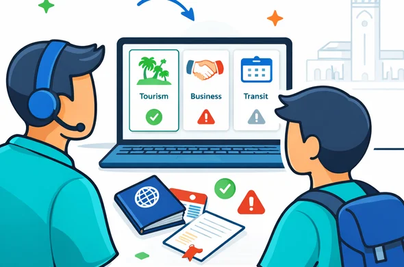 Flat or semi-flat vector illustration, clean lines, modern tech feel, isometric service decision scene. Abstract faceless support specialist and traveler reviewing Morocco travel purpose options such as tourism, business, and transit on a laptop dashboard. Include passport, invitation letter, travel calendar, and approval/warning icons. Deep blue and turquoise primary palette with Morocco accent colors red and green. Calm, organized, efficient, safe atmosphere. Minimalist white and light grey background with a faint Casablanca skyline silhouette. No text, no logos, not photorealistic.
