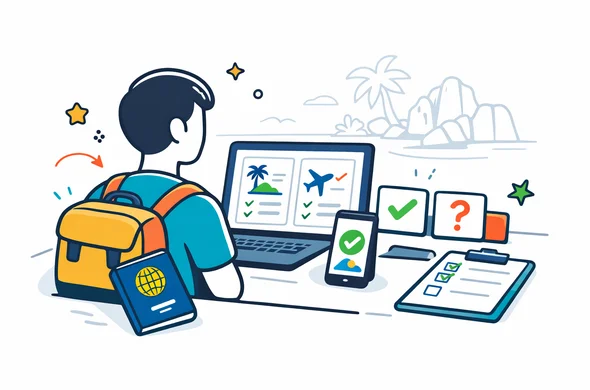 Flat or semi-flat vector illustration, clean lines, modern tech feel, isometric 2D scene of an abstract faceless traveler comparing Seychelles online visa terms on a laptop screen, passport, smartphone and checklist cards on desk, deep blue and turquoise primary palette with Seychelles accent colors coral red, tropical green and sandy gold, calm organized efficient safe atmosphere, minimalist white and light grey background with a faint outline of tropical islands, palm trees and granite rock silhouette, no text, no logos, not photorealistic Flat or semi-flat vector illustration, clean lines, modern tech feel, isometric 2D scene of an abstract faceless traveler comparing Seychelles online visa terms on a laptop screen, passport, smartphone and checklist cards on desk, deep blue and turquoise primary palette with Seychelles accent colors coral red, tropical green and sandy gold, calm organized efficient safe atmosphere, minimalist white and light grey background with a faint outline of tropical islands, palm trees and granite rock silhouette, no text, no logos, not photorealistic