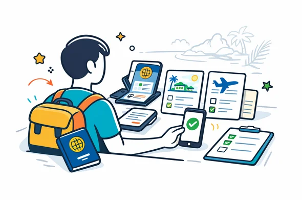 Flat or semi-flat vector illustration, clean lines, modern tech feel, isometric 2D scene of an abstract faceless traveler organizing Seychelles travel documents, passport scan, accommodation booking, airline reservation and phone verification on a clean desk, deep blue and turquoise primary palette with Seychelles accent colors coral red, tropical green and sandy gold, calm organized efficient safe atmosphere, minimalist white and light grey background with a faint island coastline and palm leaf silhouette, no text, no logos, not photorealistic Flat or semi-flat vector illustration, clean lines, modern tech feel, isometric 2D scene of an abstract faceless traveler organizing Seychelles travel documents, passport scan, accommodation booking, airline reservation and phone verification on a clean desk, deep blue and turquoise primary palette with Seychelles accent colors coral red, tropical green and sandy gold, calm organized efficient safe atmosphere, minimalist white and light grey background with a faint island coastline and palm leaf silhouette, no text, no logos, not photorealistic