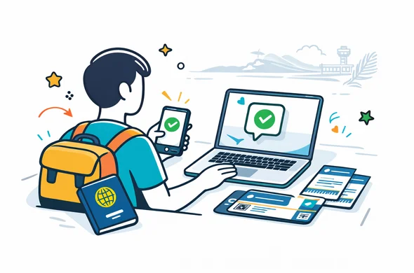 Flat or semi-flat vector illustration, clean lines, modern tech feel, isometric 2D scene of an abstract faceless traveler receiving Seychelles travel authorisation confirmation on smartphone and laptop, passport and boarding style documents neatly arranged, deep blue and turquoise primary palette with Seychelles accent colors coral red, tropical green and sandy gold, calm organized efficient safe atmosphere, minimalist white and light grey background with a faint airport and island horizon silhouette, no text, no logos, not photorealistic Flat or semi-flat vector illustration, clean lines, modern tech feel, isometric 2D scene of an abstract faceless traveler receiving Seychelles travel authorisation confirmation on smartphone and laptop, passport and boarding style documents neatly arranged, deep blue and turquoise primary palette with Seychelles accent colors coral red, tropical green and sandy gold, calm organized efficient safe atmosphere, minimalist white and light grey background with a faint airport and island horizon silhouette, no text, no logos, not photorealistic