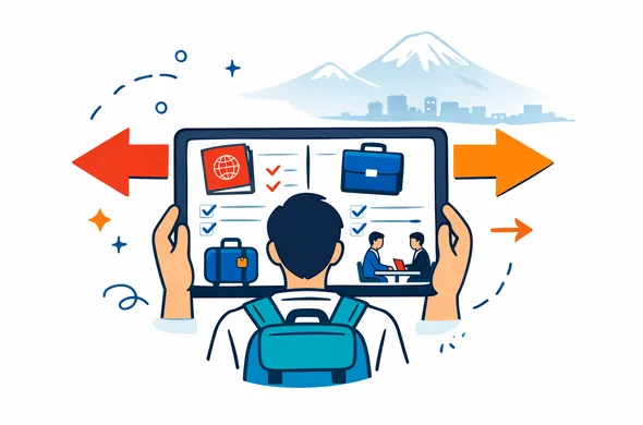 Flat or semi-flat vector illustration, clean lines, modern tech feel, 2D or light isometric scene. An abstract faceless traveler compares two travel paths to Armenia on a tablet: tourism on one side and business travel on the other, with passport, checklist cards, meeting icon, suitcase icon, and clear decision arrows. Deep blue and turquoise primary palette with Armenia accent colors red, blue, and warm orange. Calm, organized, efficient, safe atmosphere. Minimal white and light grey background with a faint outline of Mount Ararat and subtle Yerevan skyline silhouette. No text, no logos, not photorealistic.