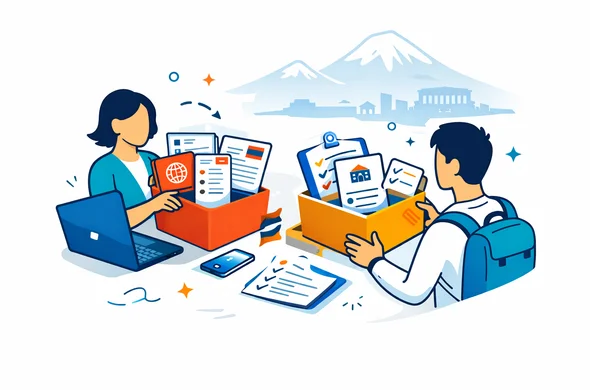 Flat or semi-flat vector illustration, clean lines, modern tech feel, isometric document preparation scene for an Armenia business visa. Abstract faceless support specialist and traveler organize passport, invitation letter, company documents, travel itinerary, laptop, smartphone, and checklist cards into neat folders. Deep blue and turquoise primary colors with Armenia accent colors red, blue, and warm orange. Calm, organized, efficient, safe atmosphere. Minimal white and light grey background with a faint outline of Mount Ararat and subtle government building silhouette. No text, no logos, not photorealistic.