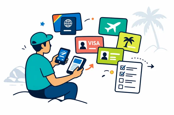 Flat or semi-flat vector illustration, clean lines, modern tech feel, isometric 2D scene of an abstract faceless traveler comparing Seychelles entry terms on a tablet and phone, with cards for visa, travel authorisation, visitor permit, passport and checklist, deep blue and turquoise primary palette with Seychelles accent colors coral, sea green and warm yellow, calm organized safe atmosphere, minimalist white and light grey background with faint granite beach rocks and palm silhouette, no text, no logos, not photorealistic