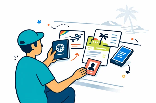 Flat or semi-flat vector illustration, clean lines, modern tech feel, 2D organized document preparation scene for Seychelles travel, abstract faceless traveler arranging passport, airline booking confirmation, accommodation papers, selfie photo and phone on a clean desk, deep blue and turquoise primary colors with Seychelles accent colors coral, sea green and warm yellow, calm organized efficient safe atmosphere, minimalist white and light grey background with faint tropical beach and palm outline, no text, no logos, not photorealistic