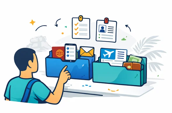 Flat or semi-flat vector illustration, clean lines, modern tech feel, modern 2D document preparation scene for Sri Lanka ETA, abstract faceless traveler with neutral skin tones and no distinct facial features arranging passport, phone, email icon, plane ticket, wallet, and checklist cards into neat folders on a desk, calm organized efficient safe atmosphere, deep blue and turquoise primary palette with Sri Lanka accent colors maroon and gold plus subtle orange and green, minimalist white and light grey background with faint Sigiriya Rock Fortress and tropical palm silhouette, no text, no logos, not photorealistic