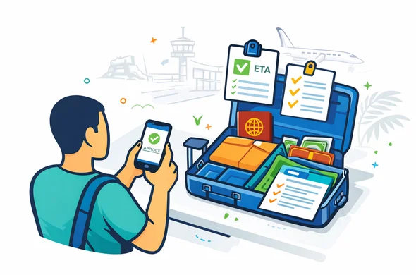 Flat or semi-flat vector illustration, clean lines, modern tech feel, isometric airport readiness scene for Sri Lanka travel authorization, abstract faceless traveler with neutral skin tones and no distinct facial features calmly checking approved ETA notice on smartphone next to passport and printed confirmation, organized carry-on bag and checklist, deep blue and turquoise primary palette with Sri Lanka accent colors maroon and gold and subtle green details, minimalist white and light grey background with faint airport line art and a small Sigiriya Rock Fortress silhouette, no text, no logos, not photorealistic