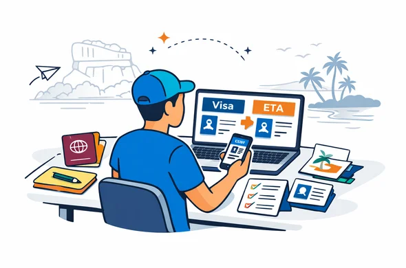 Flat or semi flat vector illustration, clean lines, modern tech feel, isometric 2D scene of an abstract faceless traveler sitting at a desk and comparing Sri Lanka visa and ETA information on a laptop and smartphone, passport, checklist cards, travel notes and document icons visible, calm organized efficient safe atmosphere, primary colors deep blue and turquoise, Sri Lanka accent colors maroon, saffron, green and gold, minimalist white and light grey background with a faint outline of a Sri Lankan landmark and tropical coastline, no text, no logos, not photorealistic