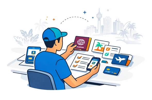 Flat or semi flat vector illustration, clean lines, modern tech feel, 2D organized document preparation scene with an abstract faceless traveler sorting passport, travel itinerary, accommodation card, payment card, digital files and checklist for Sri Lanka entry requirements, calm organized efficient safe atmosphere, primary colors deep blue and turquoise, Sri Lanka accent colors maroon, saffron, green and gold, minimalist white and pale grey background with a faint Colombo skyline and tropical leaf shapes, no text, no logos, not photorealistic