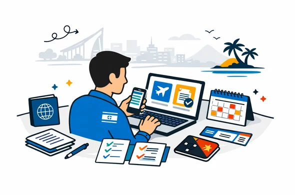 Flat or semi-flat vector illustration, clean lines, modern tech feel, isometric 2D scene of an abstract faceless traveler from Israel reviewing Papua New Guinea visa options on a laptop and smartphone, passport, checklist cards, calendar and travel documents on the desk, calm organized efficient safe atmosphere, deep blue and turquoise primary palette with Papua New Guinea accent colors warm red, black and gold, minimalist white and light grey background with a faint outline of Port Moresby skyline and tropical island hints, no text, no logos, not photorealistic.