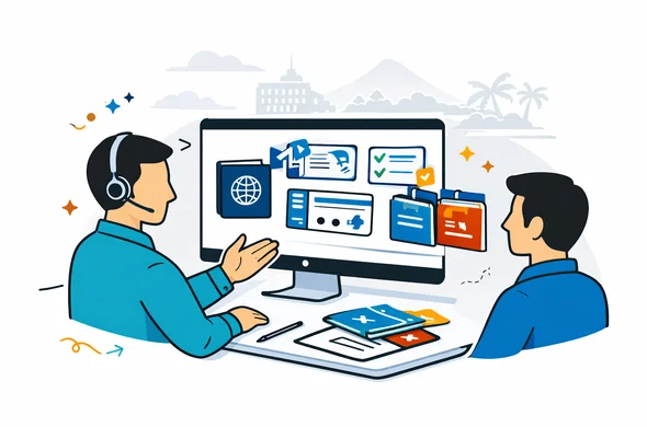 Flat or semi-flat vector illustration, clean lines, modern tech feel, isometric 2D scene of abstract faceless support specialist helping a traveler organize Papua New Guinea visa documents, passport scan, digital uploads, return ticket, supporting papers and checklist folders on a desktop screen, calm organized efficient safe atmosphere, deep blue and turquoise primary palette with Papua New Guinea accent colors warm red, black and gold, minimalist white and light grey background with a faint tropical mountain silhouette and subtle government building outline, no text, no logos, not photorealistic.