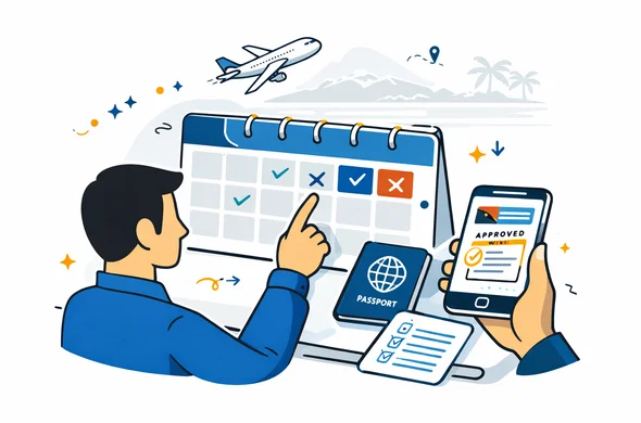 Flat or semi-flat vector illustration, clean lines, modern tech feel, isometric 2D scene of an abstract faceless traveler planning Papua New Guinea trip timing with a calendar, airplane, approved visa document on phone, passport and checklist, calm organized efficient safe atmosphere, deep blue and turquoise primary palette with Papua New Guinea accent colors warm red, black and gold, minimalist white and light grey background with a faint outline of tropical coastline and aviation icons, no text, no logos, not photorealistic.