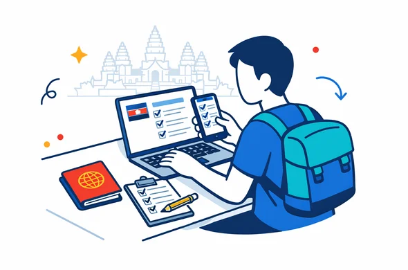 Flat or semi-flat vector illustration, clean lines, modern tech feel, isometric 2D scene of an abstract faceless traveler checking Cambodia visa requirements on a laptop and smartphone, passport and checklist on the desk, calm organized efficient safe atmosphere, Aid-Air brand colors deep blue and turquoise with Cambodia accent colors red and warm gold, minimalist white and light grey background with a faint outline of Angkor Wat, no text, no logos, not photorealistic