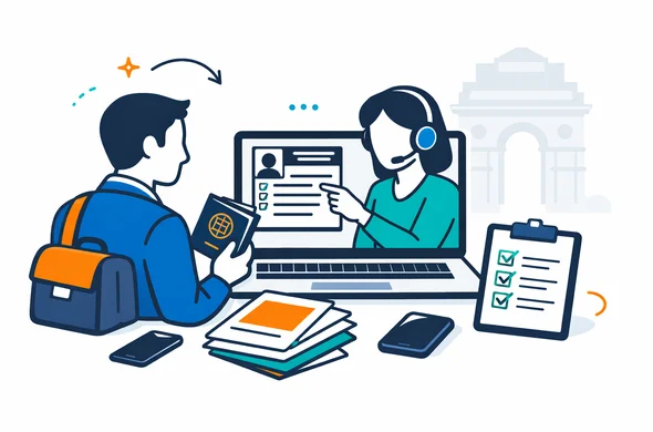 Flat or semi-flat vector illustration, clean lines, modern tech feel, 2D scene of an abstract faceless business traveler and a remote visa support specialist reviewing an India business eVisa application on a laptop, with passport, document stack, checklist and smartphone visible, calm organized efficient safe atmosphere, primary colors deep blue and turquoise with India accent colors saffron orange and green, minimalist white and light grey background with a faint India Gate silhouette, no text, no logos, not photorealistic