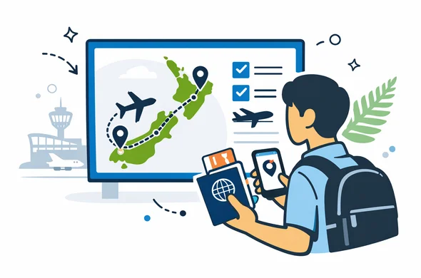 Flat or semi-flat vector illustration, clean lines, modern travel tech feel, 2D with slight isometric composition. A faceless traveler holding a passport, smartphone and boarding pass while reviewing a transit route through New Zealand on a digital screen. Deep blue and turquoise primary palette, fern green destination accent, calm and organized atmosphere, minimalist white and light grey background, faint silhouette of Auckland airport terminal and New Zealand fern, non-photorealistic.
