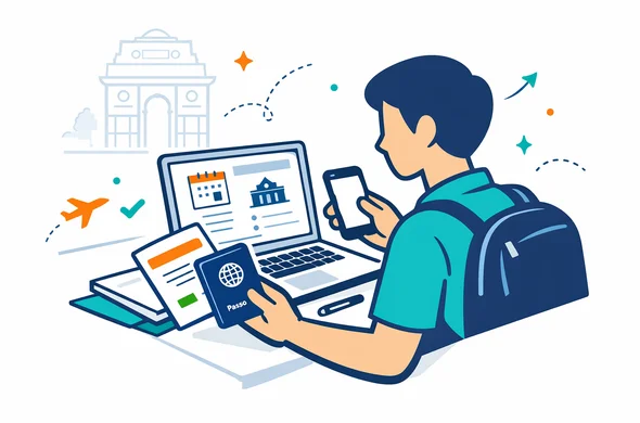 Flat or semi-flat vector illustration, clean lines, modern tech feel, isometric 2D scene of an abstract faceless traveler preparing an India conference visa application, holding passport, invitation letter and smartphone while reviewing event details on a laptop, deep blue and turquoise primary palette with saffron orange and green India accents, calm organized efficient safe atmosphere, minimalist white and light grey background with a faint outline of India Gate, non photorealistic, no text, no logo