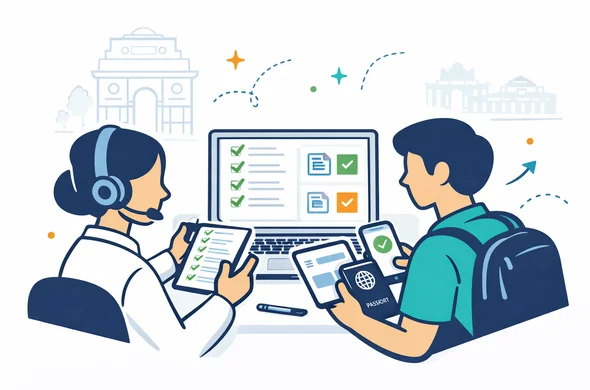 Flat or semi-flat vector illustration, clean lines, modern SaaS travel support feel, isometric 2D scene of an abstract faceless traveler completing an India conference visa process online with support, laptop screen showing organized checklist, passport, invitation, approval style icons and smartphone, deep blue and turquoise primary palette with saffron orange and green India accents, calm organized efficient safe atmosphere, minimalist white and light grey background with a faint outline of India Gate and subtle conference elements, non photorealistic, no text, no logo