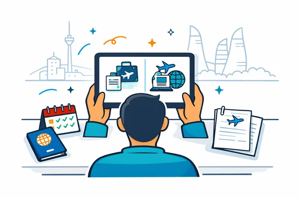 Flat or semi-flat vector illustration, clean lines, modern travel-tech feel, 2D or slight isometric composition. A faceless traveler comparing two visa paths on a tablet screen: business visa route and eVisa route for Azerbaijan. Passport, calendar, checklist and invitation document on a desk. Deep blue and turquoise primary palette, Azerbaijan accent colors with red and green details, calm organized atmosphere, minimalist white and light grey background, faint outline of Baku skyline and Flame Towers, no text, no logos, not photorealistic.