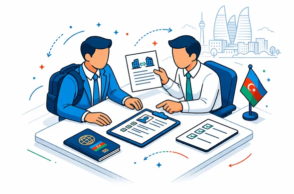 Flat or semi-flat vector illustration, clean lines, modern tech service style, isometric scene. A faceless business traveler and an abstract company representative review an invitation letter, passport, visa application form, and checklist for an Azerbaijan business trip. Deep blue and turquoise primary palette with Azerbaijan red and green accent details, calm and organized atmosphere, minimalist white and light grey background, faint Baku office skyline outline, no text, no logos, not photorealistic.