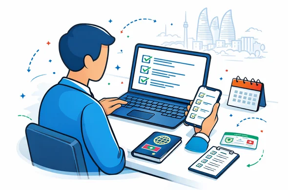 Flat or semi-flat vector illustration, clean lines, modern tech feel, 2D scene of a faceless traveler checking a business-trip document checklist for Azerbaijan on a laptop and smartphone, with passport, stamp icons, calendar and insurance card on the desk. Deep blue and turquoise primary palette with Azerbaijan-inspired red and green accents, calm safe organized atmosphere, minimalist white and light grey background, faint outline of Baku skyline, no text, no logos, not photorealistic.