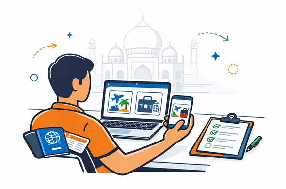 Flat or semi-flat vector illustration, clean lines, modern tech feel, isometric 2D scene of a faceless traveler comparing tourist visa and business visa routes for India on a laptop and smartphone, passport, boarding pass and checklist on the desk, calm organized safe atmosphere, deep blue and turquoise primary palette with saffron orange and India green accents, minimalist white and light grey background with a faint outline of the Taj Mahal, no text, no logos, not photorealistic