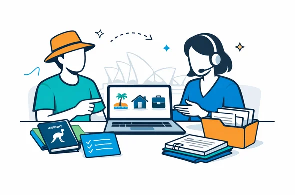 Flat or semi flat vector illustration, clean lines, modern tech feel, isometric 2D scene of an abstract faceless traveler and a visa support specialist reviewing Australia Visitor 600 pathways on a laptop, passport, checklist cards and document folders on a desk, deep blue and turquoise primary palette with eucalyptus green and warm gold destination accents, calm organized efficient safe atmosphere, minimalist white and light grey background with a faint outline of the Sydney Opera House, no text, no logos, not photorealistic