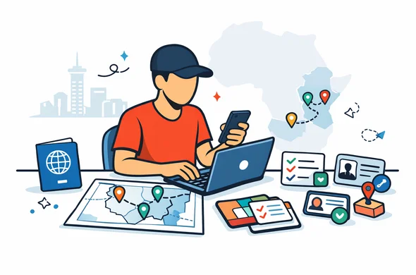 Flat or semi-flat vector illustration, clean lines, modern tech feel, isometric 2D scene of a faceless traveler planning a multi-country East Africa trip across Kenya, Rwanda and Uganda on a laptop and phone, with passport, route map, checklist cards and visa icons on a desk. Deep blue and turquoise primary palette with Kenya-inspired accent colors of red, green and warm earth tones. Calm, organized, efficient, safe atmosphere. Minimalist white and light grey background with a faint outline of Nairobi skyline and subtle East Africa map silhouette. No text, no logos, not photorealistic.