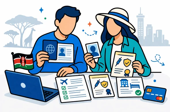 Flat or semi-flat vector illustration, clean lines, modern tech feel, 2D scene of faceless travelers preparing documents for an East Africa tourist visa application, with passport bio page, passport photo, yellow fever certificate, travel itinerary, hotel booking and payment card beside a laptop. Deep blue and turquoise primary palette with Kenya-inspired red and green accents. Calm, organized, efficient, safe atmosphere. Minimalist white and light grey background with a faint outline of safari acacia trees and Nairobi skyline. No text, no logos, not photorealistic.