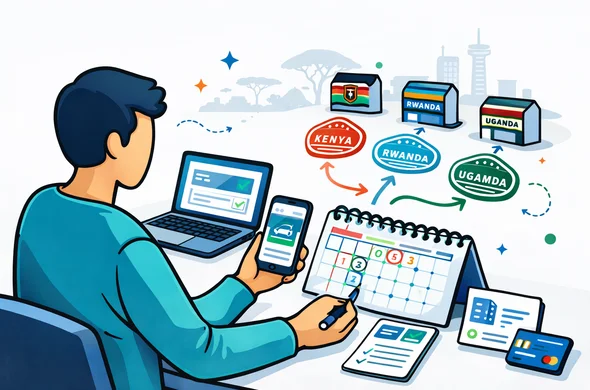 Flat or semi-flat vector illustration, clean lines, modern tech feel, isometric scene of a faceless traveler timing border crossings between Kenya, Rwanda and Uganda, with calendar, passport stamps, route arrows, laptop and smartphone showing visa status. Deep blue and turquoise primary palette with Kenya-inspired red, green and warm gold accents. Calm, organized, efficient, safe atmosphere. Minimalist white and light grey background with a faint outline of East African border posts and Nairobi city silhouette. No text, no logos, not photorealistic.