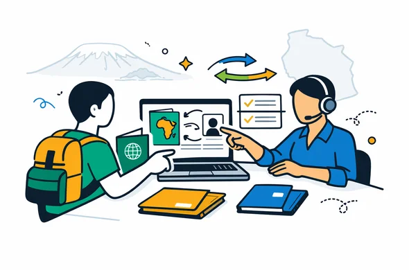 Flat or semi-flat vector illustration, clean lines, modern tech feel, slight isometric 2D composition. An abstract faceless traveler and a visa support specialist review a Tanzania multiple-entry tourist visa path on a laptop, with passport, checklist cards, arrows showing repeated entry, and document folders on a desk. Deep blue and turquoise primary palette, Tanzania accent colors with green, warm gold and subtle black details. Calm, organized, efficient, safe atmosphere. Minimalist white and light grey background with a faint outline of Mount Kilimanjaro and a subtle Tanzania map silhouette. No text, no logos, not photorealistic.