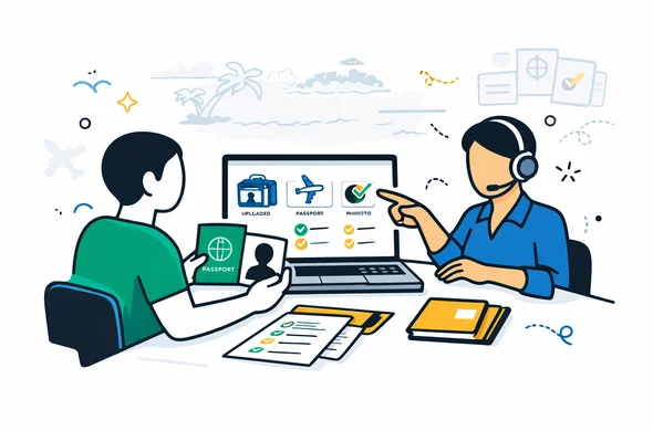 Flat or semi-flat vector illustration, clean lines, modern travel tech style, 2D organized desk scene. Abstract faceless traveler preparing Tanzania multiple-entry visa documents: passport, passport photo, return ticket, checklist, uploaded files on laptop screen, and a support agent pointing to corrected fields. Deep blue and turquoise primary palette with Tanzania-inspired green and savannah gold accents. Calm, organized, efficient, safe atmosphere. Minimalist white and light grey background with a faint outline of Zanzibar coastline and travel document icons. No text, no logos, not photorealistic.