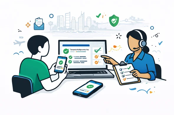 Flat or semi-flat vector illustration, modern tech feel, clean lines, 2D scene of an abstract faceless traveler submitting a Tanzania multiple-entry visa application online and tracking status on a laptop and smartphone. Support specialist nearby with checklist and confirmation icons. Deep blue and turquoise primary palette with Tanzania accent colors green, gold and subtle red details. Calm, organized, efficient, safe atmosphere. Minimalist white and light grey background with a faint Dar es Salaam skyline and travel approval symbols. No text, no logos, not photorealistic.