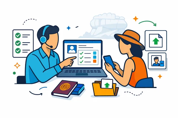 Flat or semi-flat vector illustration, clean lines, modern tech feel, isometric travel-service scene. Abstract faceless traveler and support specialist reviewing a Sri Lanka tourist eVisa application on a laptop and phone, passport, checklist panels, uploaded document icons, calm organized efficient safe atmosphere. Deep blue and turquoise primary palette with Sri Lanka-inspired maroon, saffron, and green accent details. Minimal white and light grey background with a faint silhouette of Sigiriya Rock Fortress. No photorealism, no text, no logos, no detailed facial features. Flat or semi-flat vector illustration, clean lines, modern tech feel, isometric travel-service scene. Abstract faceless traveler and support specialist reviewing a Sri Lanka tourist eVisa application on a laptop and phone, passport, checklist panels, uploaded document icons, calm organized efficient safe atmosphere. Deep blue and turquoise primary palette with Sri Lanka-inspired maroon, saffron, and green accent details. Minimal white and light grey background with a faint silhouette of Sigiriya Rock Fortress. No photorealism, no text, no logos, no detailed facial features.