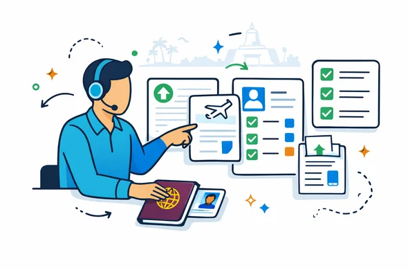 Flat or semi-flat vector illustration, clean lines, modern tech feel, 2D document-review scene. Abstract faceless support specialist organizing passport scan, travel confirmation, checklist, and digital form fields for a Sri Lanka tourist ETA application, with file upload icons and approval markers. Deep blue and turquoise primary colors with Sri Lanka-inspired maroon, saffron, and green accents. Calm, organized, efficient, safe atmosphere. Minimal white and grey background with a faint outline of a Sri Lankan temple or palm coastline silhouette. No photorealism, no text, no logos, no detailed facial features. Flat or semi-flat vector illustration, clean lines, modern tech feel, 2D document-review scene. Abstract faceless support specialist organizing passport scan, travel confirmation, checklist, and digital form fields for a Sri Lanka tourist ETA application, with file upload icons and approval markers. Deep blue and turquoise primary colors with Sri Lanka-inspired maroon, saffron, and green accents. Calm, organized, efficient, safe atmosphere. Minimal white and grey background with a faint outline of a Sri Lankan temple or palm coastline silhouette. No photorealism, no text, no logos, no detailed facial features.