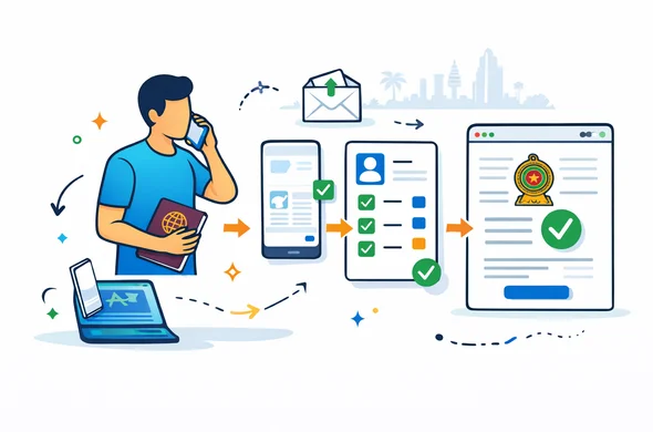 Flat or semi-flat vector illustration, clean lines, modern tech feel, isometric online application workflow. Abstract faceless traveler moving through clear stages: contact, document check, form completion, official ETA submission for Sri Lanka. Smartphone, laptop, checklist arrows, passport, and safe approval-style icons. Deep blue and turquoise palette with Sri Lanka-inspired maroon, saffron, and green highlights. Minimal white and light grey background with a faint Colombo skyline or tropical palm silhouette. Calm organized efficient safe atmosphere. No photorealism, no text, no logos, no detailed facial features. Flat or semi-flat vector illustration, clean lines, modern tech feel, isometric online application workflow. Abstract faceless traveler moving through clear stages: contact, document check, form completion, official ETA submission for Sri Lanka. Smartphone, laptop, checklist arrows, passport, and safe approval-style icons. Deep blue and turquoise palette with Sri Lanka-inspired maroon, saffron, and green highlights. Minimal white and light grey background with a faint Colombo skyline or tropical palm silhouette. Calm organized efficient safe atmosphere. No photorealism, no text, no logos, no detailed facial features.