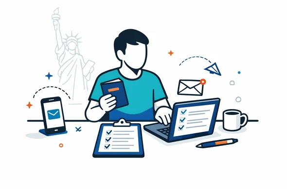 Flat or semi-flat vector illustration, clean lines, modern tech feel, 2D or light isometric scene of an abstract faceless traveler preparing an ESTA application with passport, laptop, smartphone, checklist, and email notes on a tidy desk. Deep blue and turquoise primary palette with subtle muted red accent inspired by the United States. Calm, organized, efficient, safe atmosphere. Minimalist white and light grey background with a faint outline of the Statue of Liberty. No text, no logos, not photorealistic.