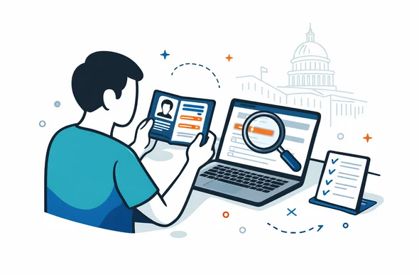 Flat or semi-flat vector illustration, clean lines, modern tech feel, isometric or 2D scene of an abstract faceless traveler carefully comparing passport details with an ESTA form on a laptop screen, with highlighted fields, magnifying glass, and checklist. Deep blue and turquoise primary palette with subtle muted red United States accent. Calm, organized, efficient, safe atmosphere. Minimalist white and light grey background with a faint outline of the U.S. Capitol. No text, no logos, not photorealistic.