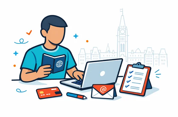 Flat or semi flat vector illustration, clean lines, modern tech feel, 2D or light isometric scene of a traveler preparing for a Canada eTA application, passport, email icon, bank card, checklist and laptop arranged neatly on a desk, abstract faceless character, deep blue and turquoise primary palette with maple red accent, calm organized safe atmosphere, minimalist white and light grey background with a faint outline of Parliament Hill in Ottawa, no text, no logos, not photorealistic