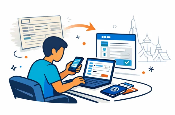 Flat or semi-flat vector illustration, clean lines, modern tech feel, isometric 2D scene of an abstract faceless traveler in an airport lounge checking Thailand entry form details on a smartphone and laptop, old paper arrival card icon fading into a digital TDAC interface, passport and boarding pass on the table, deep blue and turquoise primary palette with warm gold and subtle coral Thai-inspired accents, calm organized efficient safe atmosphere, minimalist white and light grey background with a faint outline of Bangkok temple rooftops, no text, no logos, not photorealistic