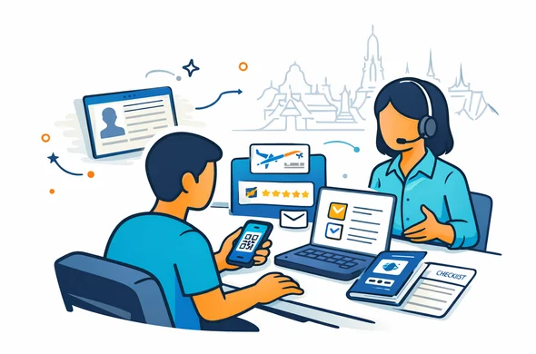 Flat or semi-flat vector illustration, clean lines, modern tech feel, 2D scene of an abstract faceless travel support specialist helping a traveler prepare details for a Thailand arrival form, passport open to biodata page, phone with QR code placeholder, flight details, hotel booking, email icon and checklist cards arranged neatly on a desk, deep blue and turquoise brand palette with Thai warm gold accent, calm organized efficient safe atmosphere, minimalist white and light grey background with a faint silhouette of Bangkok skyline, no text, no logos, not photorealistic