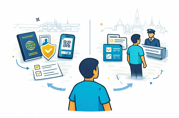 Flat or semi-flat vector illustration, clean lines, modern tech feel, isometric 2D comparison scene with abstract faceless traveler choosing between Thailand visa documents and digital arrival card requirements, split layout showing passport, visa approval icon, arrival QR code, checklist and airport immigration counter, deep blue and turquoise primary palette with warm gold Thai destination accents, calm organized efficient safe atmosphere, minimalist white and light grey background with a faint outline of a Thai airport terminal and temple silhouette, no text, no logos, not photorealistic