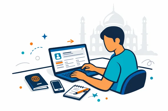 Flat or semi-flat vector illustration, clean lines, modern tech feel, 2D scene of a faceless traveler filling an India e-Arrival Card on a laptop, with passport, smartphone and travel notes on the desk, deep blue and turquoise primary palette with saffron and emerald accents inspired by India, calm organized efficient safe atmosphere, minimalist white and light grey background with faint silhouette of the Taj Mahal, abstract neutral characters, no text, no logos, not photorealistic Flat or semi-flat vector illustration, clean lines, modern tech feel, 2D scene of a faceless traveler filling an India e-Arrival Card on a laptop, with passport, smartphone and travel notes on the desk, deep blue and turquoise primary palette with saffron and emerald accents inspired by India, calm organized efficient safe atmosphere, minimalist white and light grey background with faint silhouette of the Taj Mahal, abstract neutral characters, no text, no logos, not photorealistic
