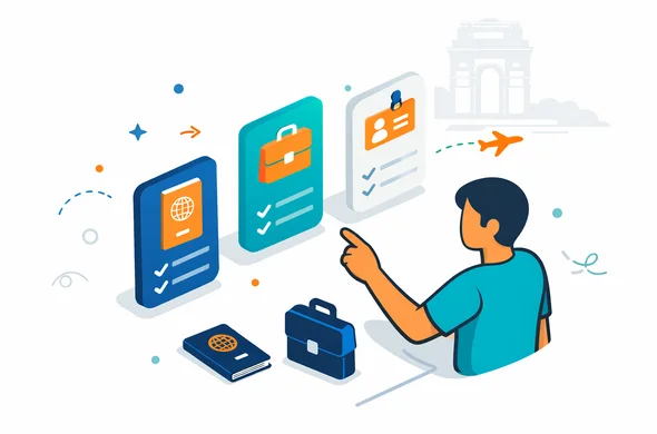 Flat or semi-flat vector illustration, clean lines, modern tech feel, isometric scene of a faceless traveler comparing India entry paths on digital cards with passport, briefcase, conference badge and airplane icons, deep blue and turquoise primary palette with saffron accent inspired by India, calm organized efficient safe atmosphere, minimalist white and grey background with faint outline of India Gate, abstract neutral characters, no readable text, no logos, not photorealistic Flat or semi-flat vector illustration, clean lines, modern tech feel, isometric scene of a faceless traveler comparing India entry paths on digital cards with passport, briefcase, conference badge and airplane icons, deep blue and turquoise primary palette with saffron accent inspired by India, calm organized efficient safe atmosphere, minimalist white and grey background with faint outline of India Gate, abstract neutral characters, no readable text, no logos, not photorealistic