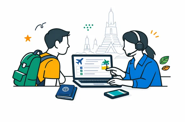 Flat or semi-flat vector illustration, clean lines, modern tech feel, isometric 2D scene of an abstract faceless traveler and a visa support specialist reviewing a Thailand Digital Arrival Card on a laptop, passport and phone on the desk, deep blue and turquoise primary palette with Thai accent colors of saffron gold and tropical green, calm organized efficient safe atmosphere, minimalist white and light grey background with a faint outline of Wat Arun in Bangkok, no text, no logos, not photorealistic