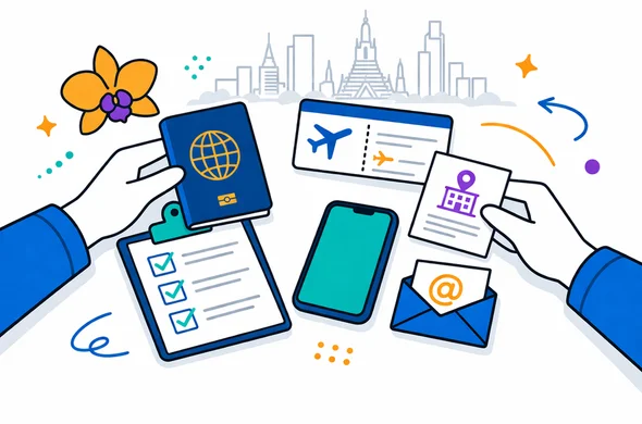 Flat or semi-flat vector illustration, clean lines, modern tech feel, 2D scene of abstract faceless hands arranging a passport, flight details, hotel address note, smartphone and email icon for a Thailand arrival card submission checklist, deep blue and turquoise primary palette with Thai accent colors of saffron gold and orchid purple, calm organized efficient safe atmosphere, minimalist white and light grey background with a faint outline of Bangkok skyline, no text, no logos, not photorealistic