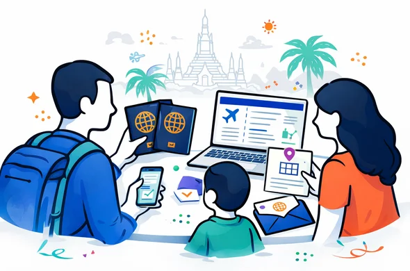 Flat or semi-flat vector illustration, clean lines, modern tech feel, isometric 2D scene of an abstract faceless family traveler group organizing Thailand arrival card details with passports, phone, laptop and travel notes, deep blue and turquoise primary palette with Thai accent colors of coral orange and palm green, calm organized efficient safe atmosphere, minimalist white and light grey background with a faint outline of a Thai temple and tropical travel elements, no text, no logos, not photorealistic