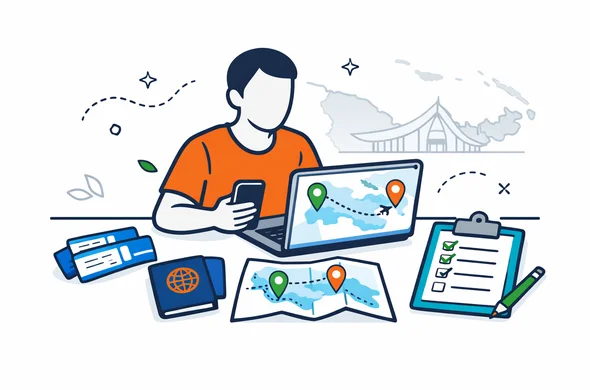 Flat or semi-flat vector illustration, clean lines, modern tech feel, isometric 2D scene of an abstract faceless traveler planning a Papua New Guinea domestic route on a laptop, with flight tickets, a passport, phone, map pins, and a checklist on a desk. Deep blue and turquoise primary palette with tropical coral orange and rainforest green destination accents. Calm, organized, efficient, safe atmosphere. Minimalist white and light grey background with a faint outline of Papua New Guinea coastline and the iconic Haus Tambaran inspired parliament silhouette. No text, no logos, not photorealistic.